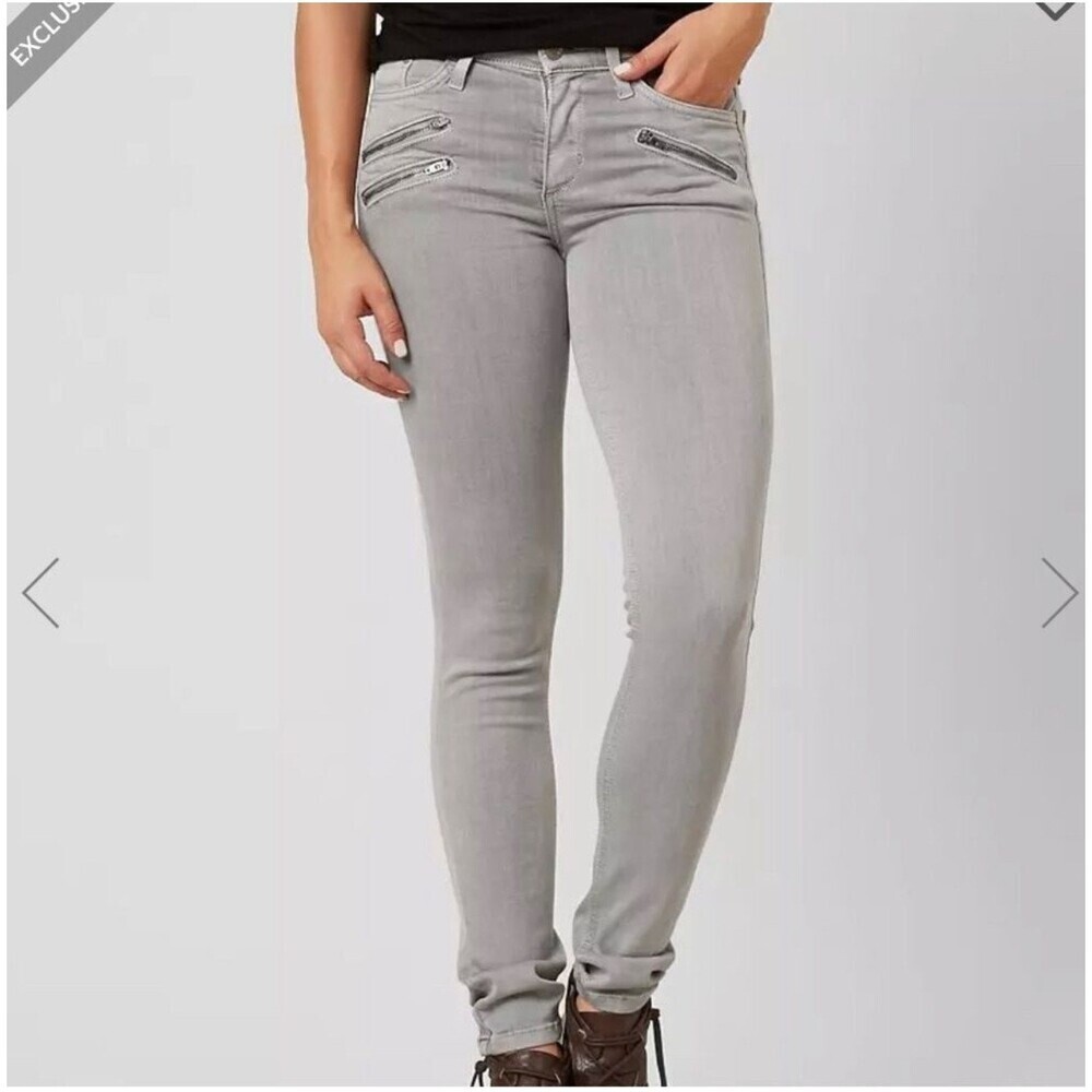 GILDED INTENT gray light wash moto style 27" waist multiple zippers w/stretch